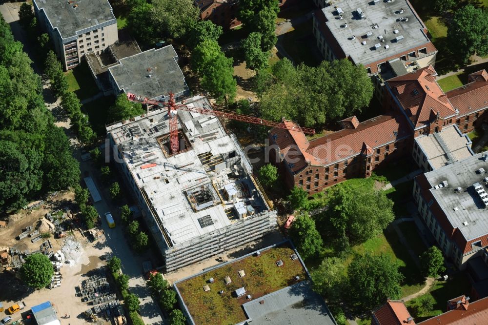 Berlin von oben - Baustelle für einen Erweiterungs- Neubau auf dem Klinikgelände des Krankenhauses Evangelisches Krankenhaus Königin Elisabeth Herzberge GmbH an der Herzbergstraße im Ortsteil Lichtenberg in Berlin, Deutschland