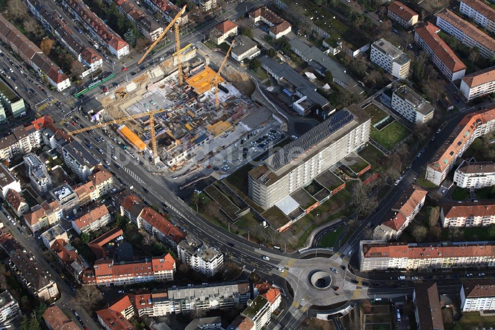 Basel aus der Vogelperspektive: Baustelle für einen Erweiterungs- Neubau auf dem Klinikgelände des Krankenhauses Felix Platter-Spital in Basel in der Schweiz