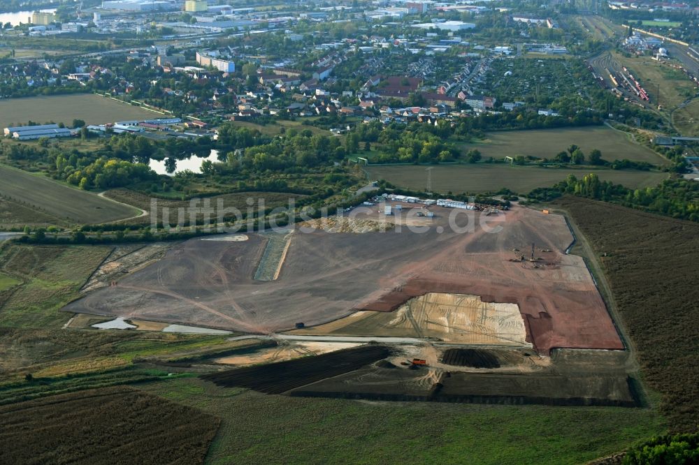 Luftbild Magdeburg - Baustelle mit Erschließungs - und Aufschüttungs- Arbeiten an der Burger Straße im Ortsteil Gewerbegebiet Nord in Magdeburg im Bundesland Sachsen-Anhalt, Deutschland