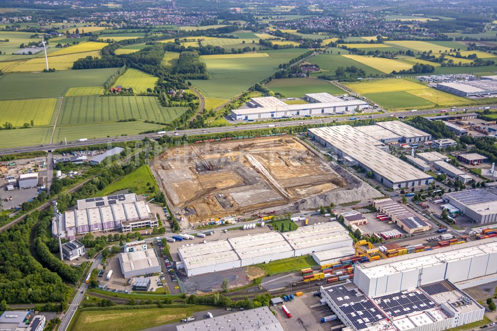 Luftaufnahme Bönen - Baustelle mit Erschließungs - und Aufschüttungs- Arbeiten an der Edisonstraße in Bönen im Bundesland Nordrhein-Westfalen, Deutschland