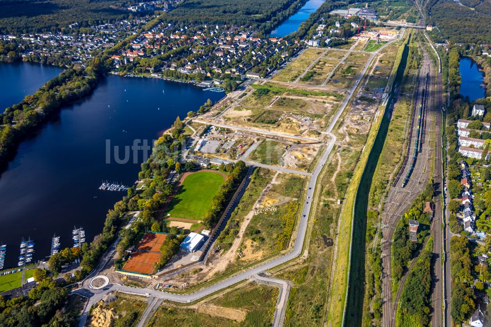 Luftbild Duisburg - Baustelle mit Erschließungs - und Aufschüttungs- Arbeiten im Entwicklungsgebiet der 6-Seen-Platte im Ortsteil Wedau in Duisburg im Bundesland Nordrhein-Westfalen, Deutschland