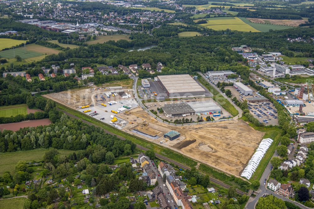 Luftaufnahme Bochum - Baustelle mit Erschließungs - und Aufschüttungs- Arbeiten auf dem Gelände der BROCK Kehrtechnik GmbH in Bochum im Bundesland Nordrhein-Westfalen, Deutschland