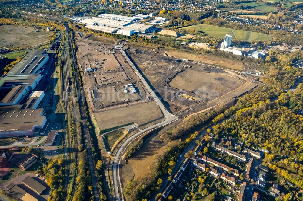 Luftaufnahme Dortmund - Baustelle mit Erschließungs - und Aufschüttungs- Arbeiten auf dem Gelände des ehemaligen Hoeschgeländes in Dortmund im Bundesland Nordrhein-Westfalen