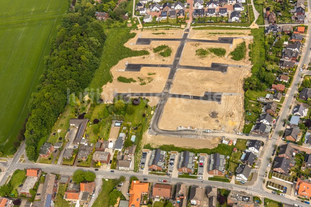 Luftbild Hamm - Baustelle mit Erschließungs - und Aufschüttungs- Arbeiten für den Neubau einer Einfamilienhaussiedlung in Hamm im Bundesland Nordrhein-Westfalen, Deutschland