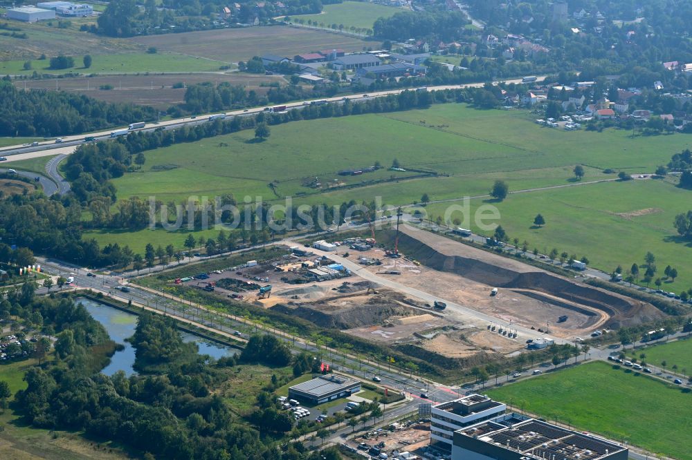 Luftaufnahme Dresden - Baustelle mit Erschließungs - und Aufschüttungs- Arbeiten im Ortsteil Hellerau in Dresden im Bundesland Sachsen, Deutschland