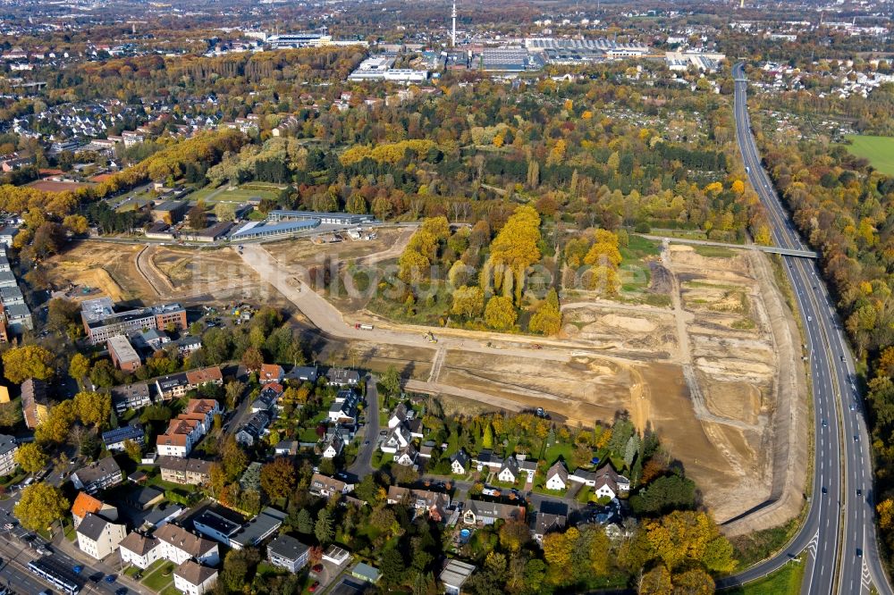 Bochum von oben - Baustelle mit Erschließungs - und Aufschüttungs- Arbeiten am Ostpark für das Quartier Feldmark in Bochum im Bundesland Nordrhein-Westfalen, Deutschland