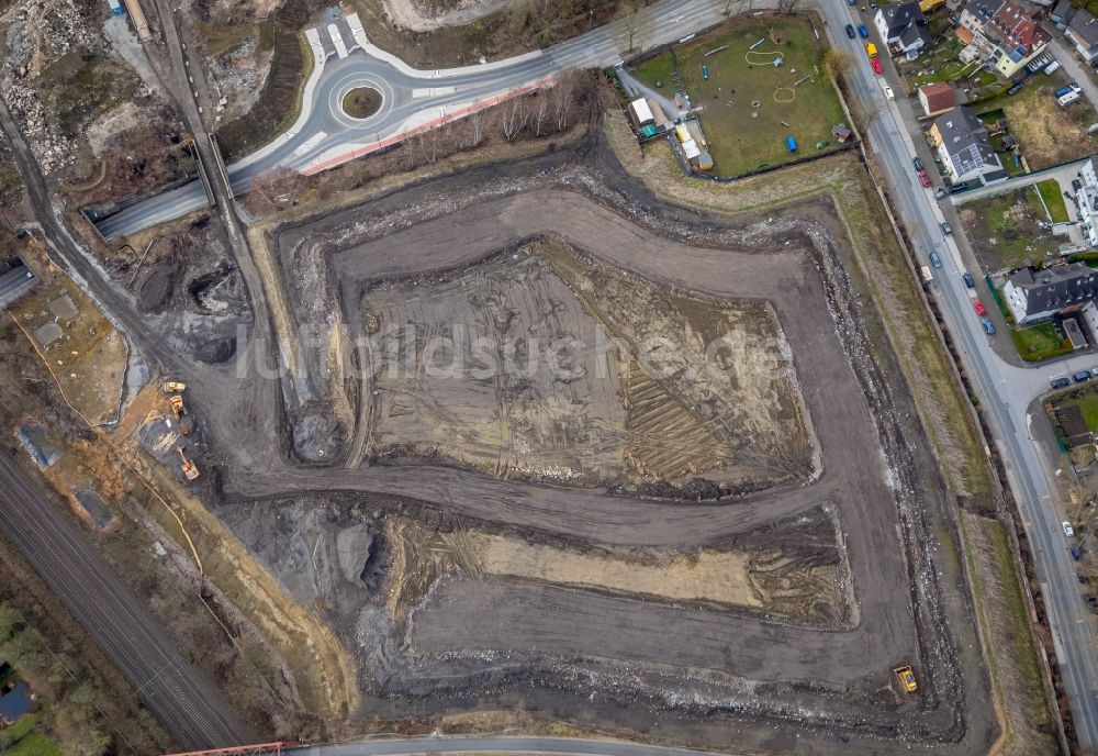 Gelsenkirchen aus der Vogelperspektive: Baustelle mit Erschließungs - und Aufschüttungs- Arbeiten an der Ostpreußenstraße in Gelsenkirchen im Bundesland Nordrhein-Westfalen, Deutschland