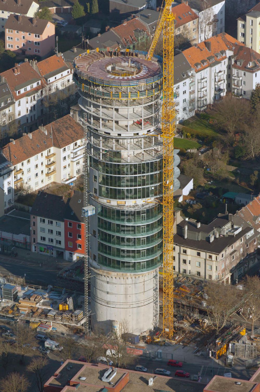 Luftbild Bochum - Baustelle Exenterhouse / Exenterhaus auf einem ehemaligen Bunker an der Universitätsstraße in Bochum