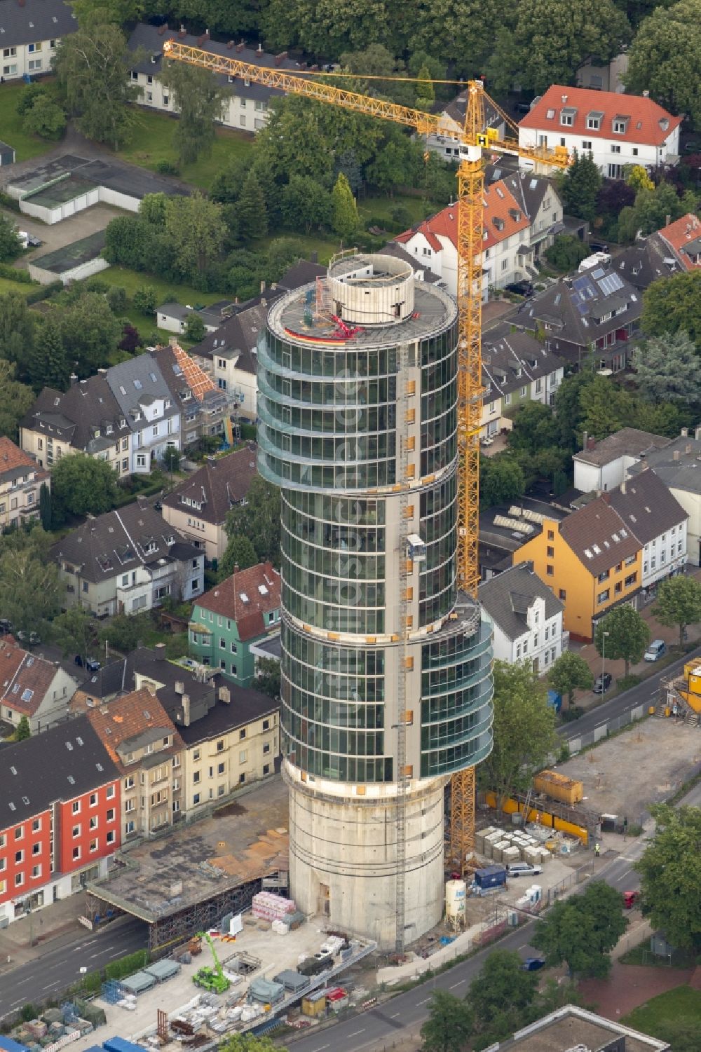 Luftbild Bochum - Baustelle Exenterhouse / Exenterhaus auf einem ehemaligen Bunker an der Universitätsstraße in Bochum