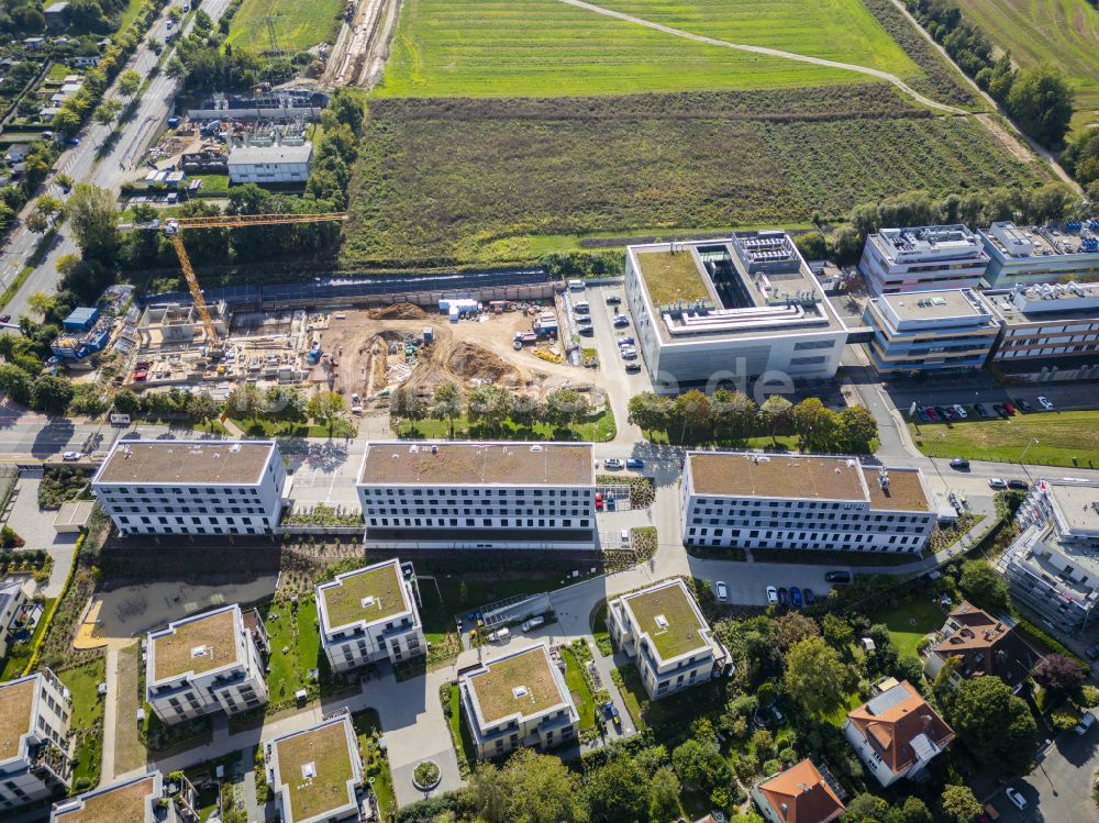 Dresden von oben - Baustelle am Gebäudekomplex des Institut Neubauzentrum Cognitive Produktion Systems CPS in Dresden im Bundesland Sachsen, Deutschland