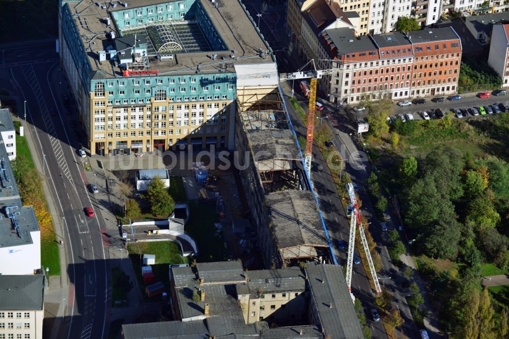 Luftbild Leipzig - Baustelle Gebäudekomplex der Ruine des Bugra Messehaus am Gerichtsweg in Leipzig im Bundesland Sachsen