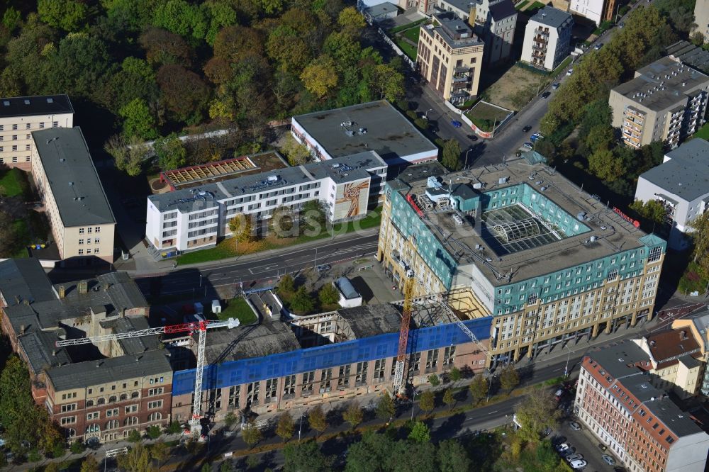 Luftbild Leipzig - Baustelle Gebäudekomplex der Ruine des Bugra Messehaus am Gerichtsweg in Leipzig im Bundesland Sachsen