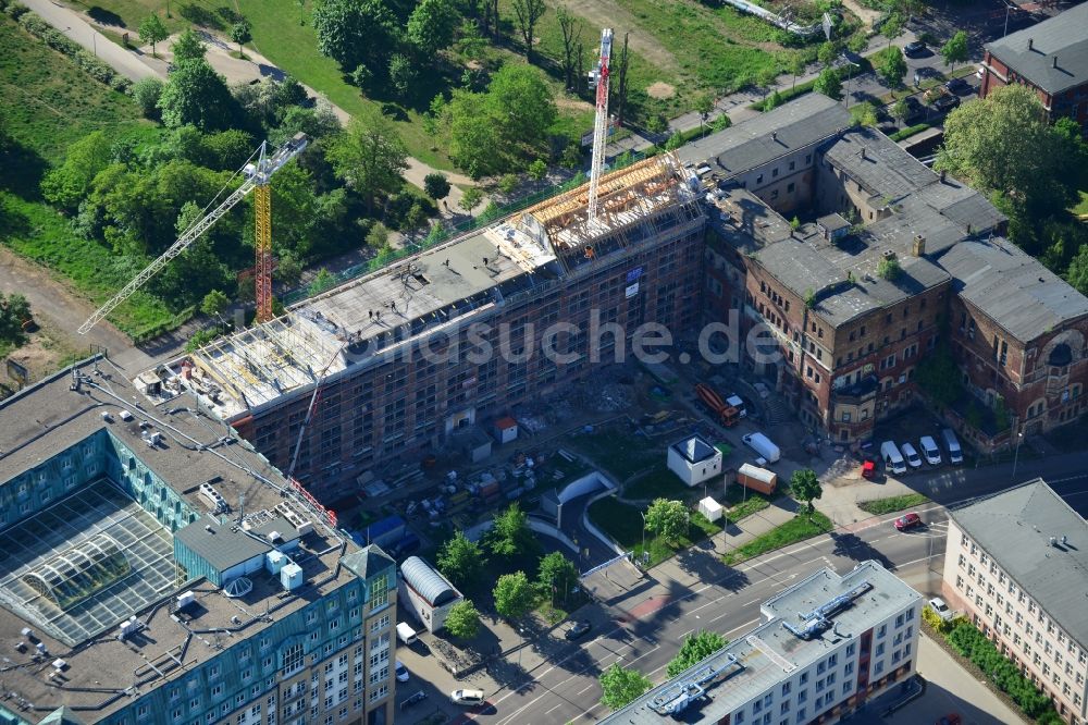 Luftbild Leipzig - Baustelle Gebäudekomplex der Ruine des Bugra Messehaus am Gerichtsweg in Leipzig im Bundesland Sachsen