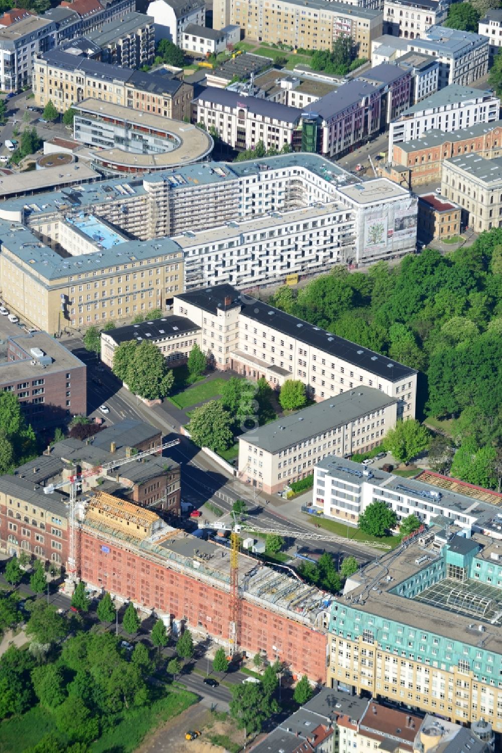 Luftbild Leipzig - Baustelle Gebäudekomplex der Ruine des Bugra Messehaus am Gerichtsweg in Leipzig im Bundesland Sachsen