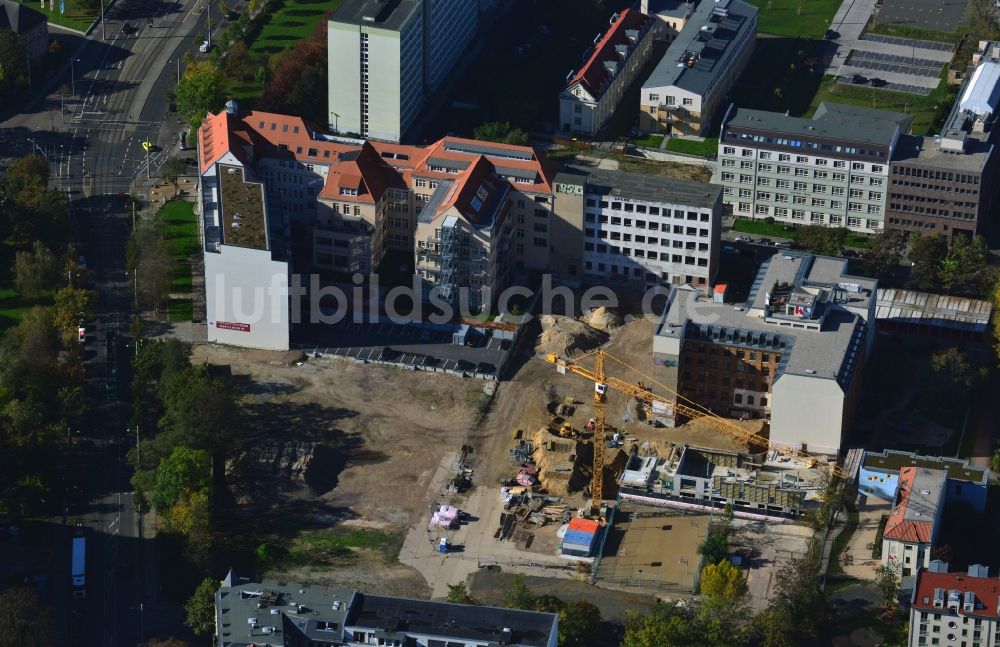 Luftbild Leipzig - Baustelle des Gebäudekomplexes auf dem ehemaligen Gelände der Druckerei VEB Interdruck an der Dresdner Straße Ecke Salomonstraße in Leipzig im Bundesland Sachsen