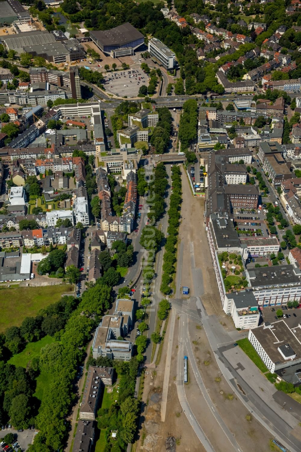 Luftaufnahme Essen - Baustelle auf der Girardetstraße in Essen im Bundesland Nordrhein-Westfalen