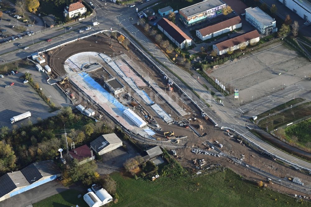 Freiburg im Breisgau aus der Vogelperspektive: Baustelle der Gleisanlagen an der Endstation der Stadtbahn Messe an der Madisonallee in Freiburg im Breisgau im Bundesland Baden-Württemberg, Deutschland