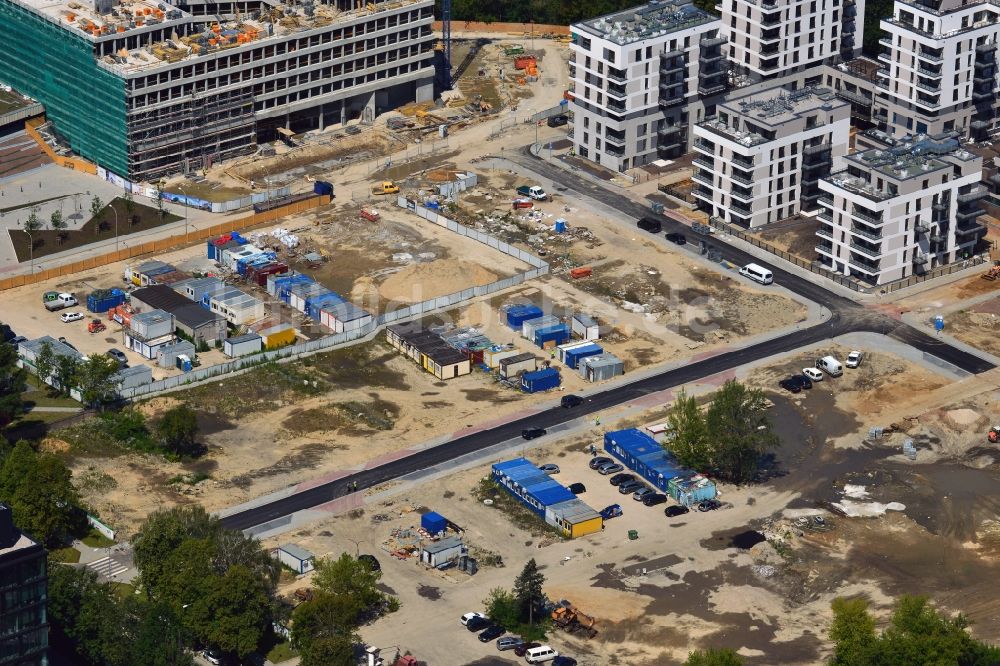 Luftaufnahme Warschau - Baustelle hinter dem Konstruktorska Business Center im Bezirk Mokotow in Warschau in Polen