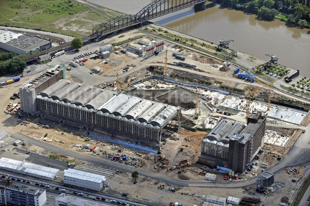 Luftbild Frankfurt am Main - Baustelle Hochhaus- Neubau der Doppeltürme der EZB-Zentrale in Frankfurt / Main in Hessen