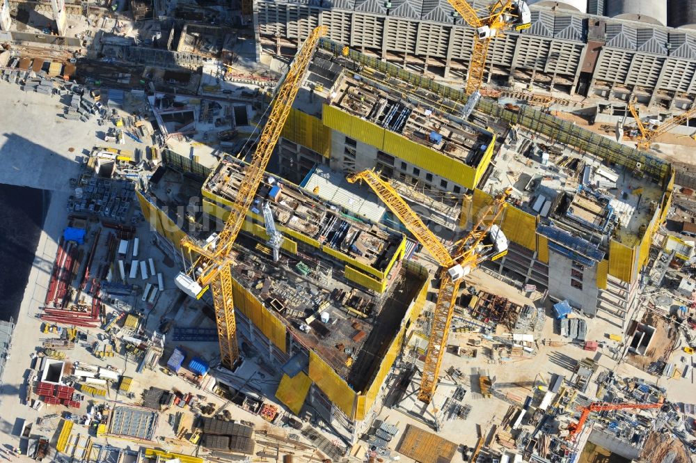 Luftbild Frankfurt am Main - Baustelle Hochhaus- Neubau der Doppeltürme der EZB-Zentrale in Frankfurt / Main in Hessen