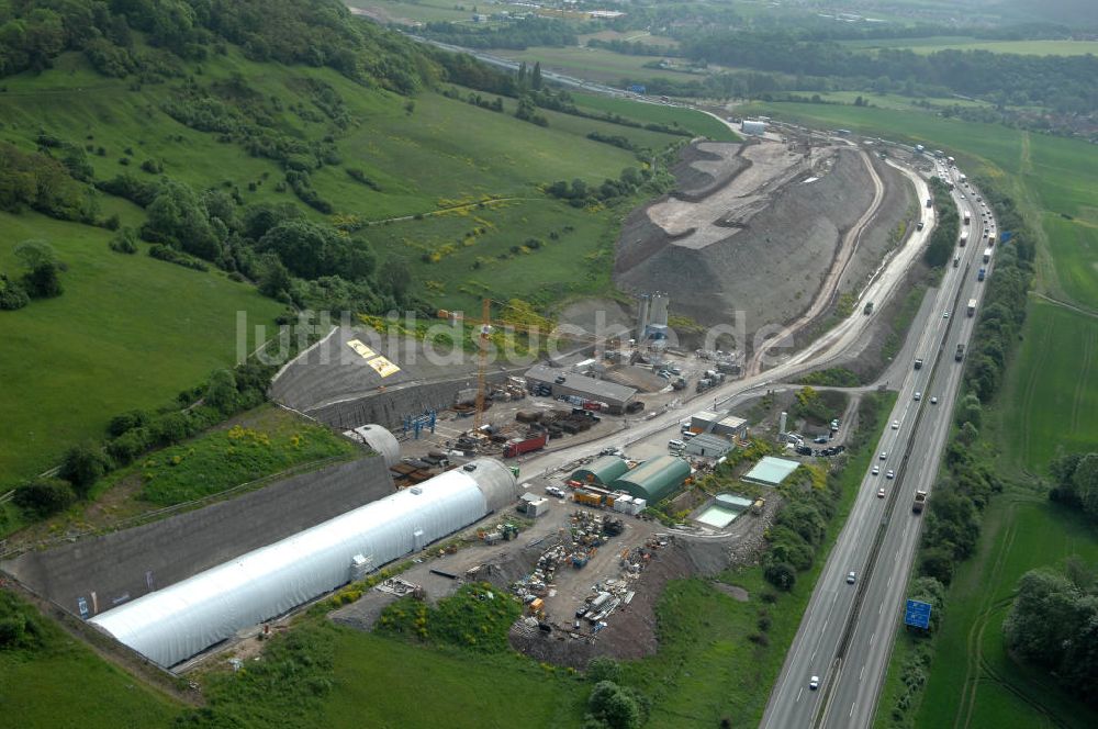 Göschwitz bei Jena aus der Vogelperspektive: Baustelle Jagdbergtunnel Autobahnverlegung Europastrasse E40 A4 bei Jena