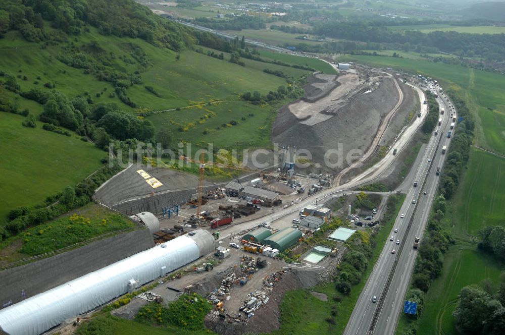 Luftbild Göschwitz bei Jena - Baustelle Jagdbergtunnel Autobahnverlegung Europastrasse E40 A4 bei Jena