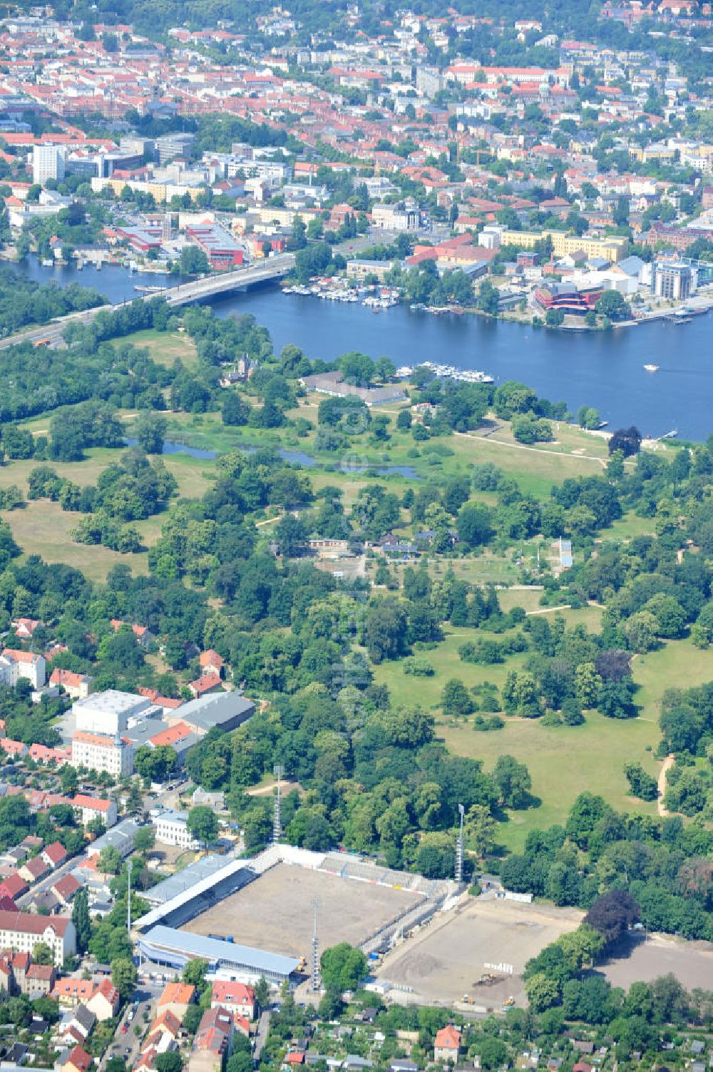 Potsdam Babelsberg von oben - Baustelle Karl-Liebknecht-Stadion in Potsdam-Babelsberg