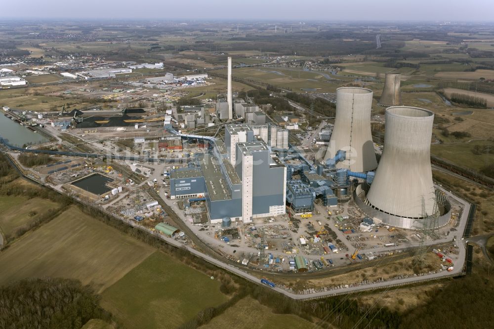 Hamm von oben - Baustelle am Kraftwerk / Kohlekraftwerk Westfalen im Stadtteil Hamm-Uentrop mit dem ehemaligen Kernkraftwerk KKW / AKW THTR-300 in Nordrhein-Westfalen NRW