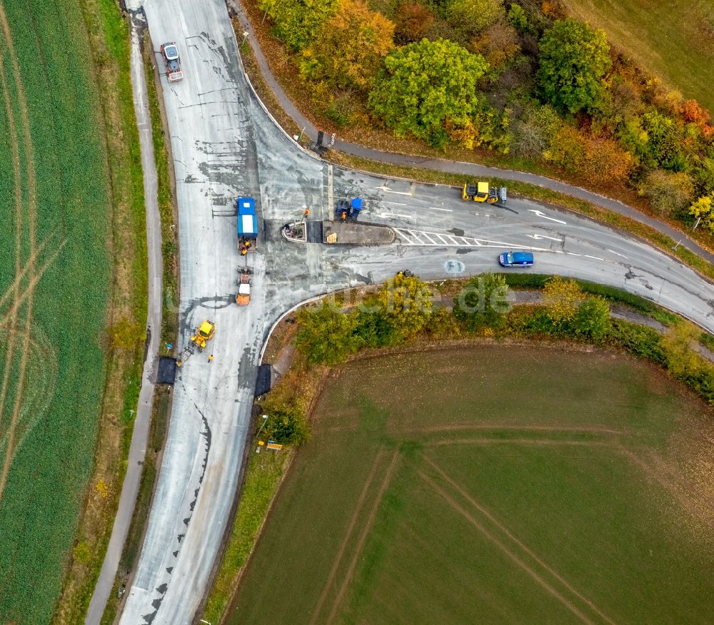 Luftbild Bönen - Baustelle an der Kreuzung Rhynerner Straße in Bönen im Bundesland Nordrhein-Westfalen, Deutschland