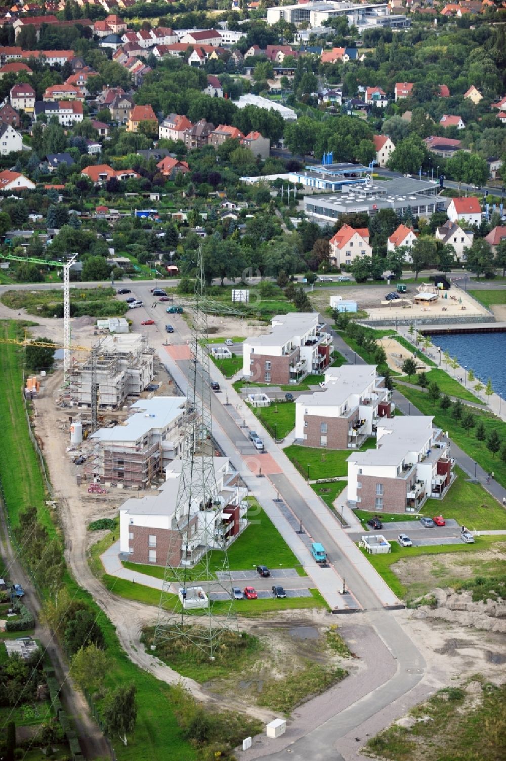 Luftbild Bitterfeld - Baustelle am Leineufer des Goitzschesee bzw. Bernsteinsee in Bitterfeld in Sachsen-Anhalt