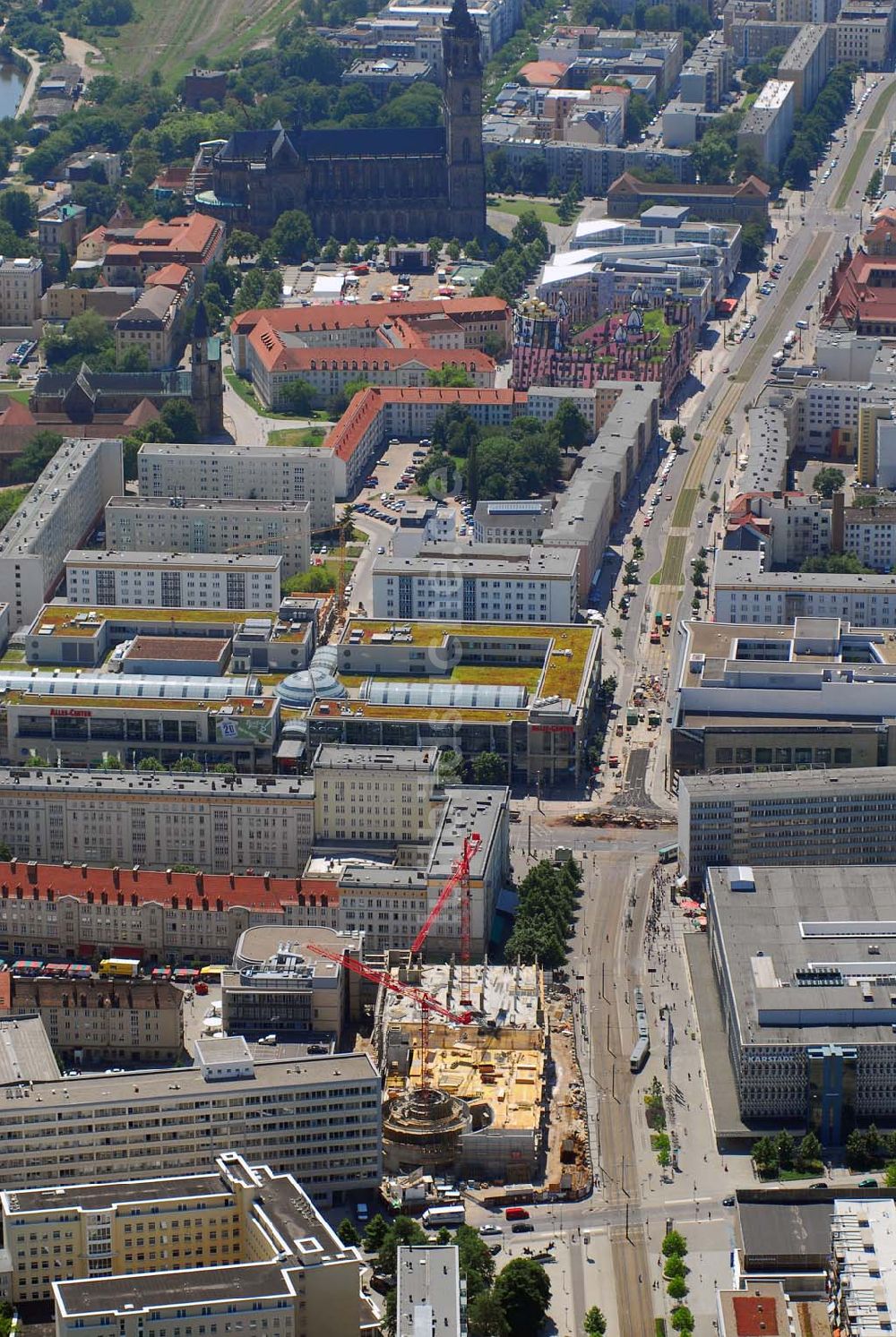 Magdeburg aus der Vogelperspektive: Baustelle Marietta-Quartier am Breiter Weg in Magdeburg