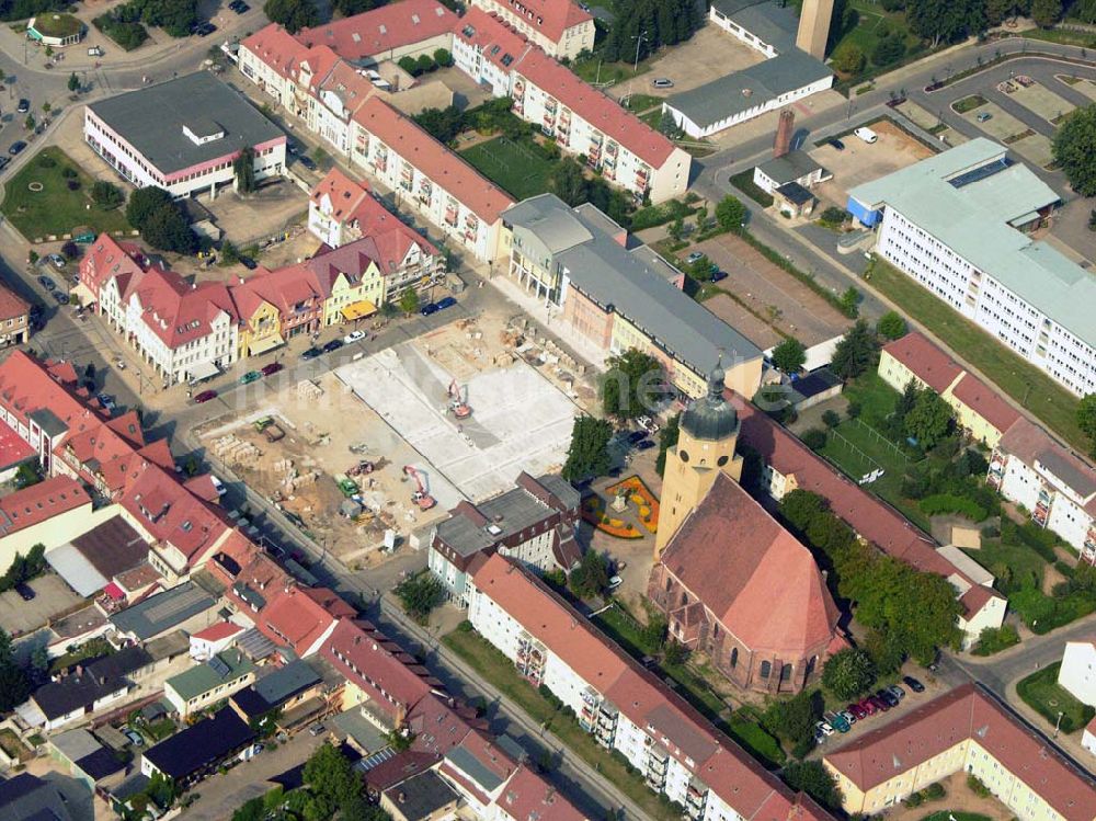 Lübben (Brandenburg) aus der Vogelperspektive: Baustelle am Marktplatz in Lübben