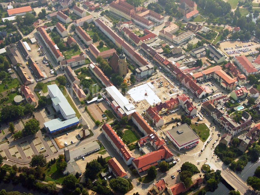 Lübben (Brandenburg) aus der Vogelperspektive: Baustelle am Marktplatz in Lübben