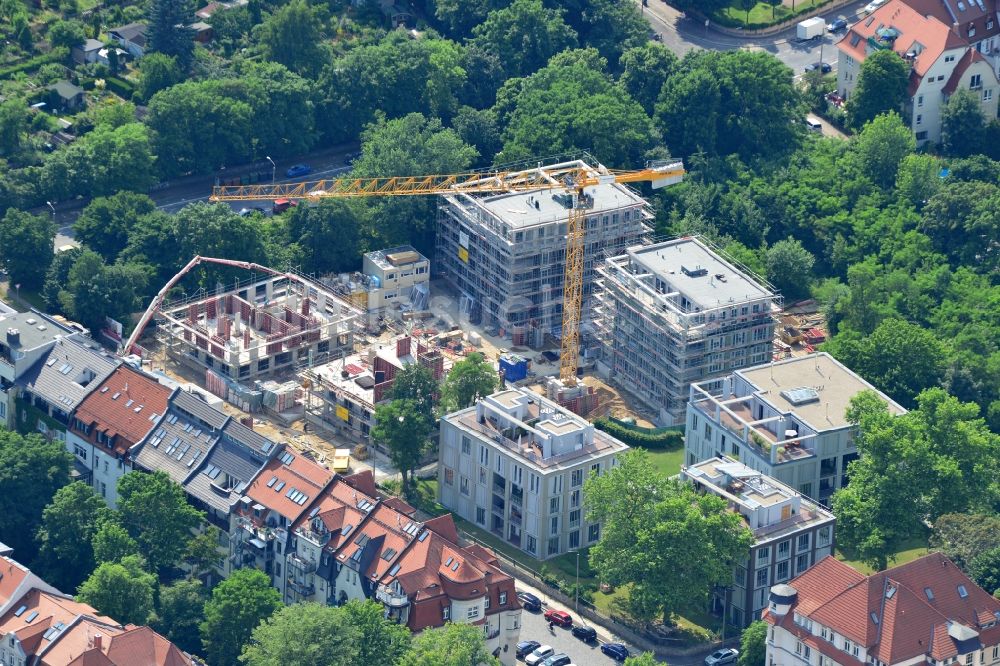 Leipzig aus der Vogelperspektive: Baustelle von mehreren Townhäusern / Mehrfamilienwohnhäusern durch due Heitkamp Bauunternehmung an der Ehrensteinstraße - Prellerstraße - Kickerlingsberg in Leipzig in Sachsen