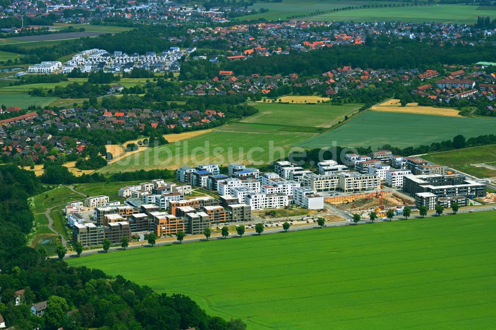 Wolfsburg aus der Vogelperspektive: Baustelle Mehrfamilienhaussiedlung Steimker Gärten - Drei Gärten im Ortsteil Hellwinkel in Wolfsburg im Bundesland Niedersachsen, Deutschland