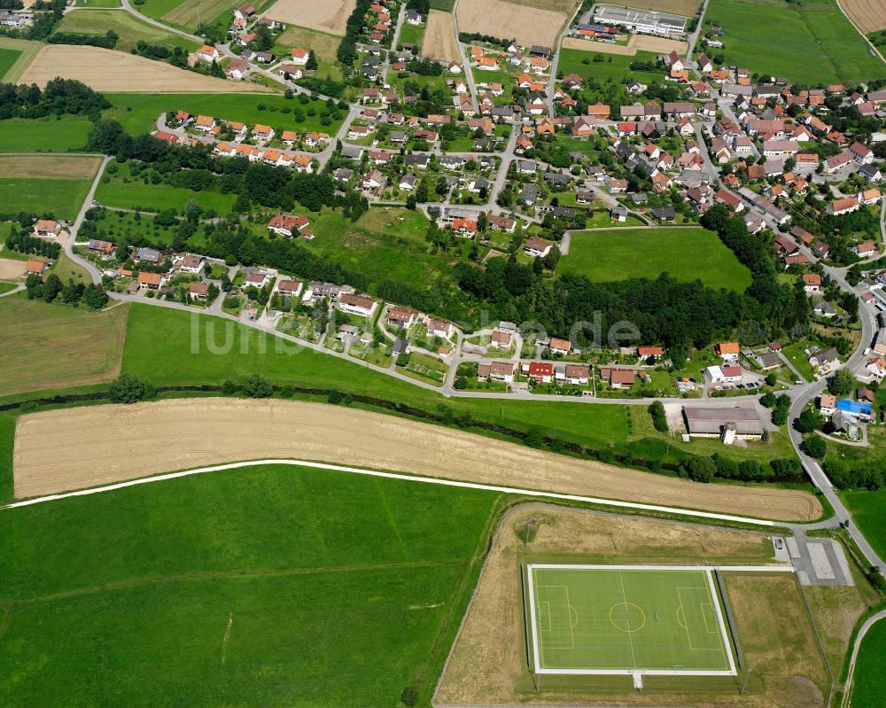 Ablach von oben - Baustelle Mischbebauung eines Wohngebiets mit Mehrfamilienhäusern und Einfamilienhäusern in Ablach im Bundesland Baden-Württemberg, Deutschland