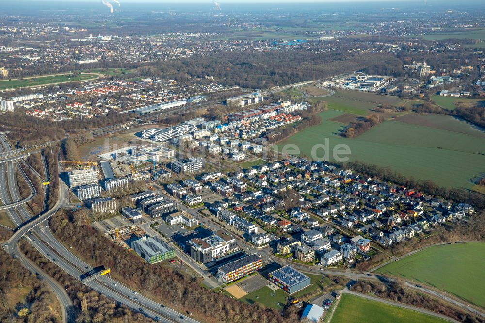 Dortmund aus der Vogelperspektive: Baustelle Mischbebauung eines Wohngebiets mit Mehrfamilienhäusern und Einfamilienhäusern Lissaboner Allee - Londoner Bogen in Dortmund im Bundesland Nordrhein-Westfalen, Deutschland