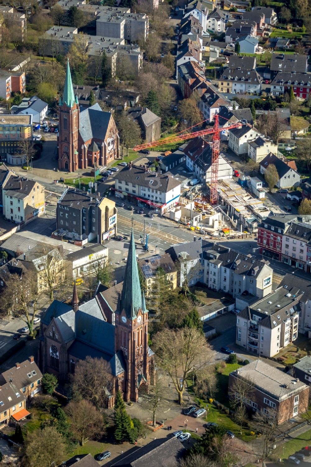 Luftbild Bochum - Baustelle der Neubau- Gebäude des Altersheim - Seniorenresidenz der ASISA GmbH an der Wittener Straße - Goystraße in Bochum im Bundesland Nordrhein-Westfalen, Deutschland