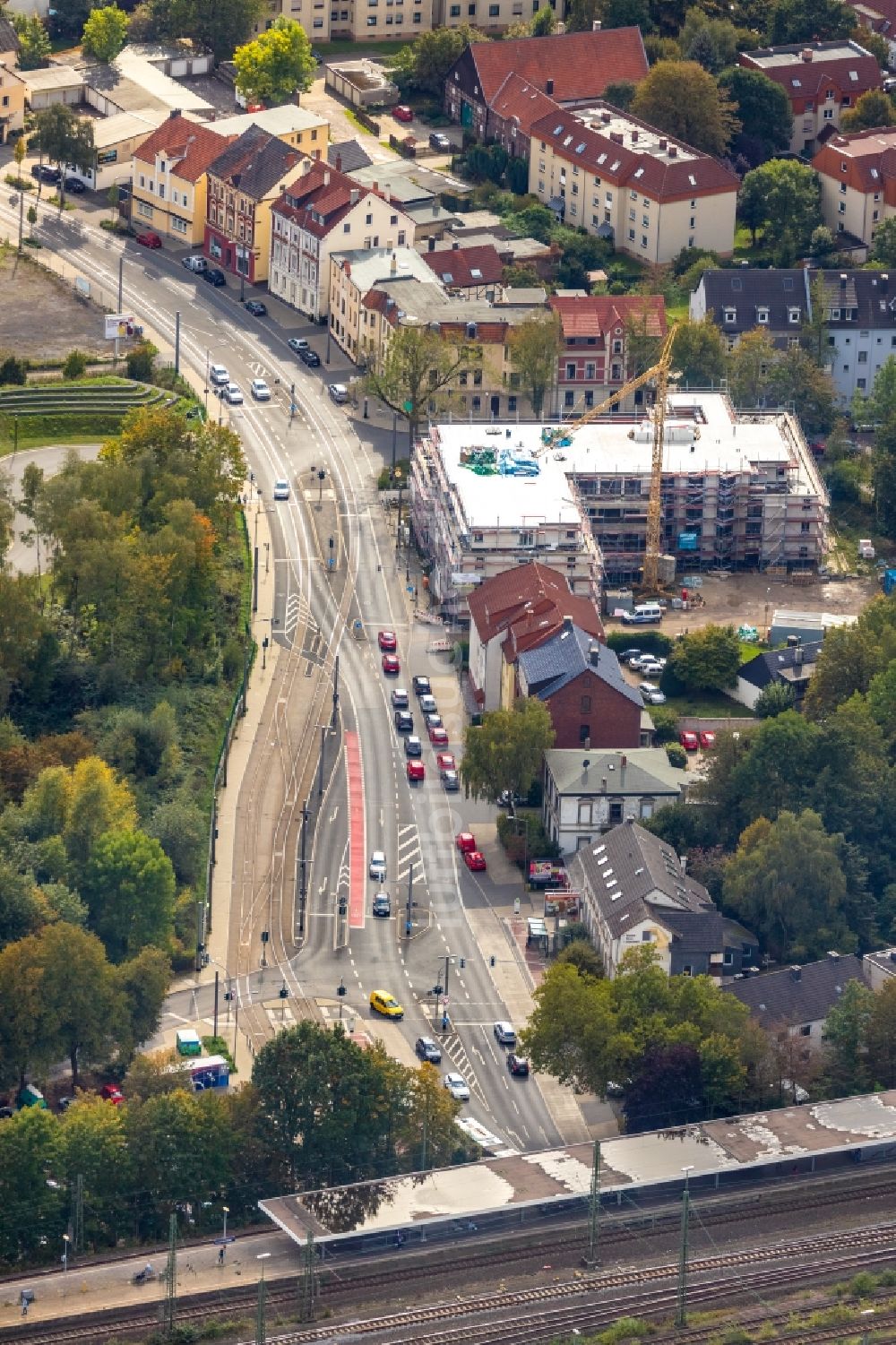 Bochum aus der Vogelperspektive: Baustelle der Neubau- Gebäude des Altersheim - Seniorenresidenz der Belia Seniorenresidenzen GmbH gebaut von der AUREUS Residenzbau GmbH in Bochum im Bundesland Nordrhein-Westfalen, Deutschland