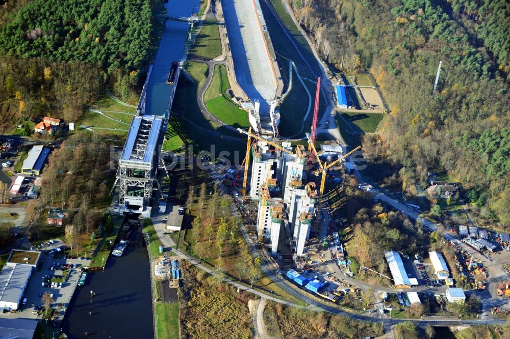 Luftaufnahme Niederfinow - Baustelle vom Neubau des Schiffshebewerk Niederfinow Nord im Bundesland Brandenburg