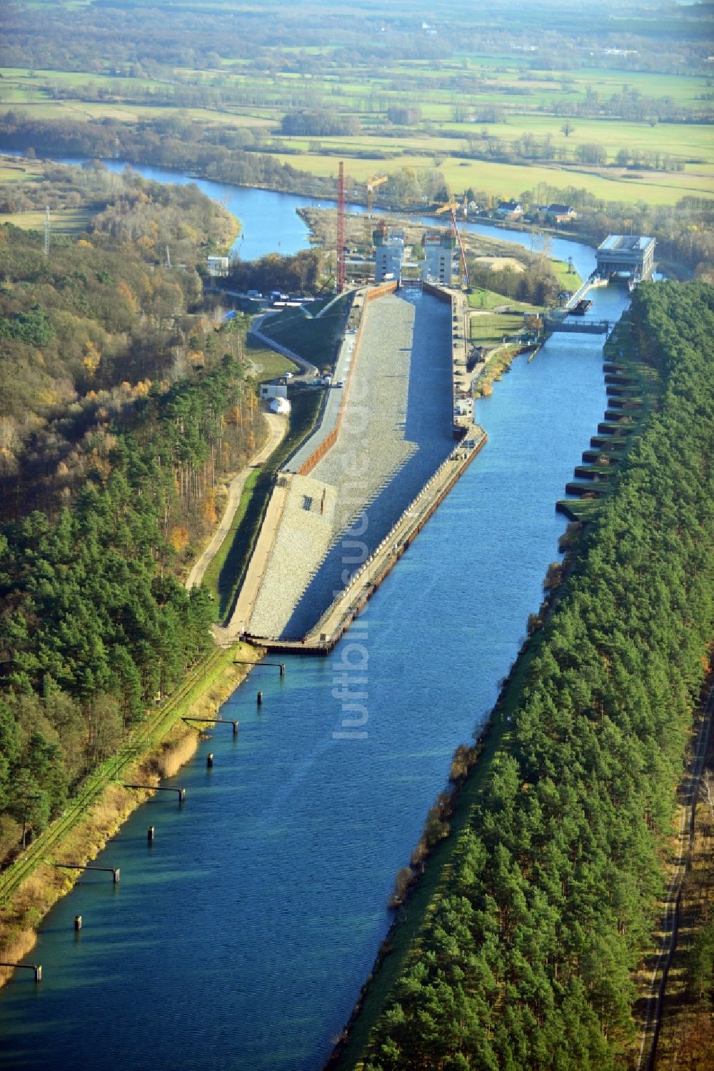 Niederfinow von oben - Baustelle vom Neubau des Schiffshebewerk Niederfinow Nord im Bundesland Brandenburg