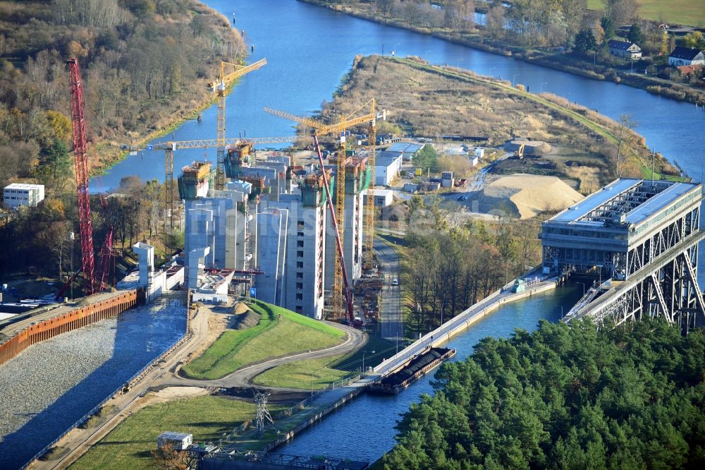 Niederfinow von oben - Baustelle vom Neubau des Schiffshebewerk Niederfinow Nord im Bundesland Brandenburg