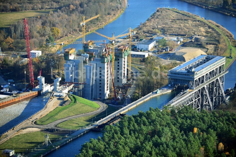 Niederfinow aus der Vogelperspektive: Baustelle vom Neubau des Schiffshebewerk Niederfinow Nord im Bundesland Brandenburg