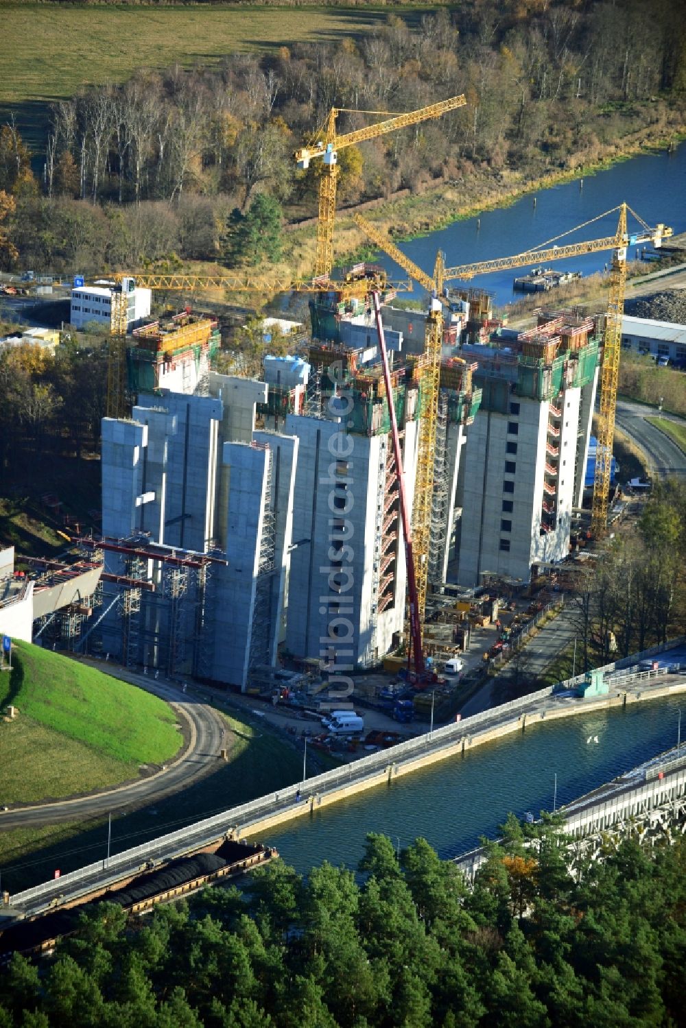 Luftaufnahme Niederfinow - Baustelle vom Neubau des Schiffshebewerk Niederfinow Nord im Bundesland Brandenburg