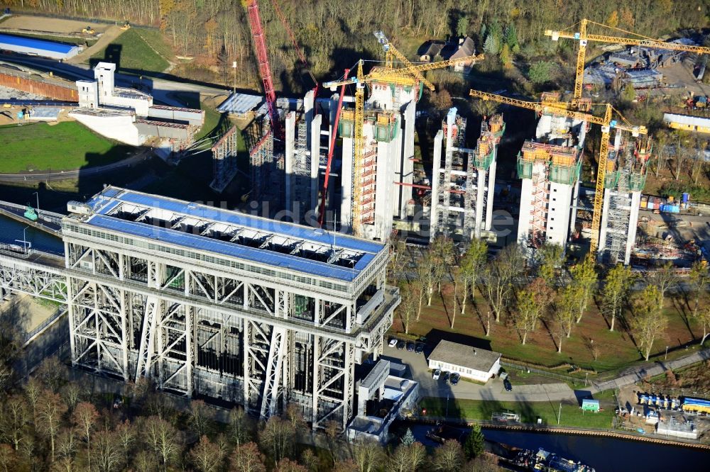 Luftaufnahme Niederfinow - Baustelle vom Neubau des Schiffshebewerk Niederfinow Nord im Bundesland Brandenburg