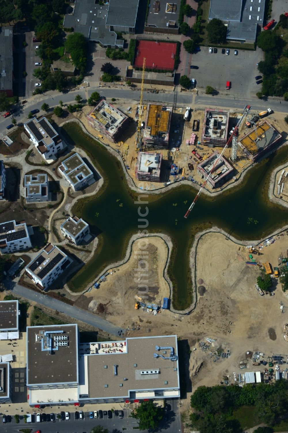 Luftbild Berlin - Baustelle Neubau Wohnanlage Fünf Morgen Dahlem Urban Village der STOFANEL Gruppe in Berlin - Dahlem