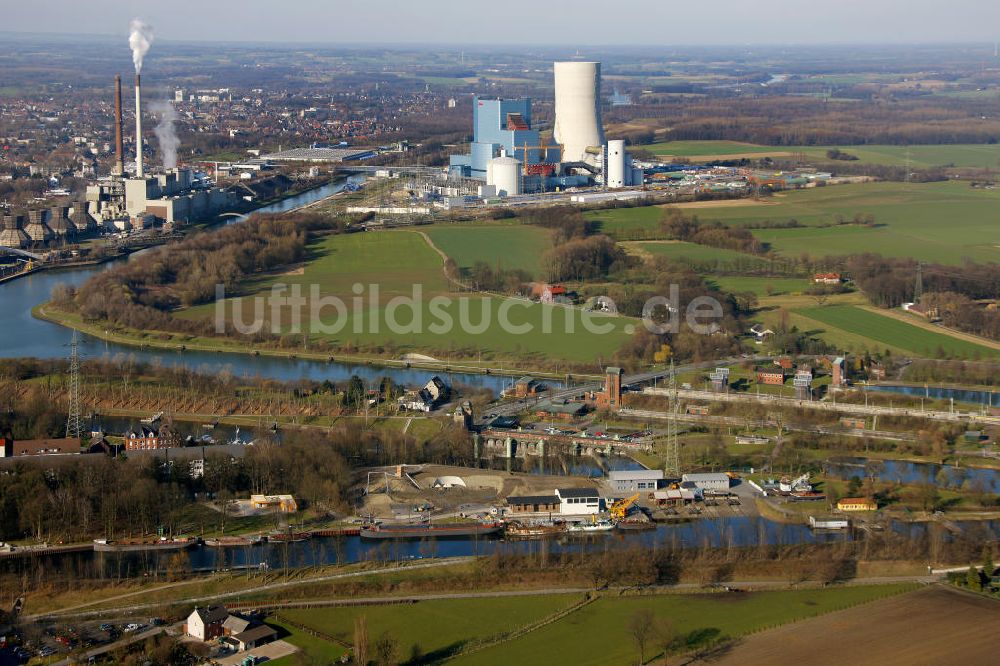 Datteln von oben - Baustelle des neue Steinkohlekraftwerk Datteln am Dortmund-Ems-Kanal