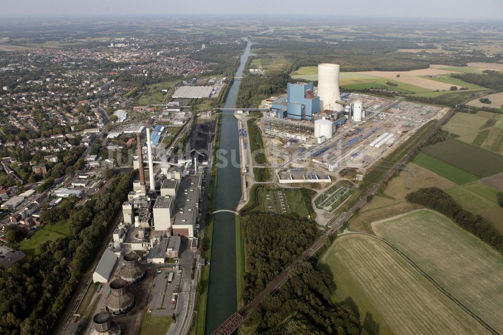 Luftaufnahme Datteln - Baustelle des neue Steinkohlekraftwerk Datteln am Dortmund-Ems-Kanal