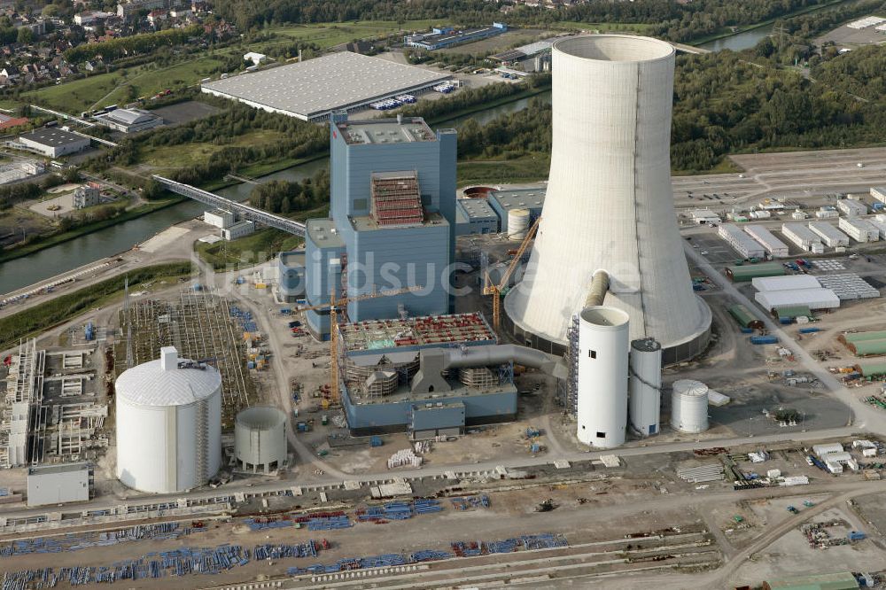 Datteln von oben - Baustelle des neue Steinkohlekraftwerk Datteln am Dortmund-Ems-Kanal