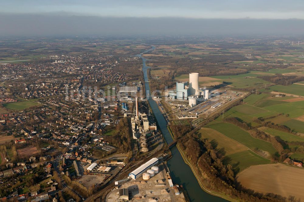 Datteln von oben - Baustelle des neue Steinkohlekraftwerk Datteln am Dortmund-Ems-Kanal